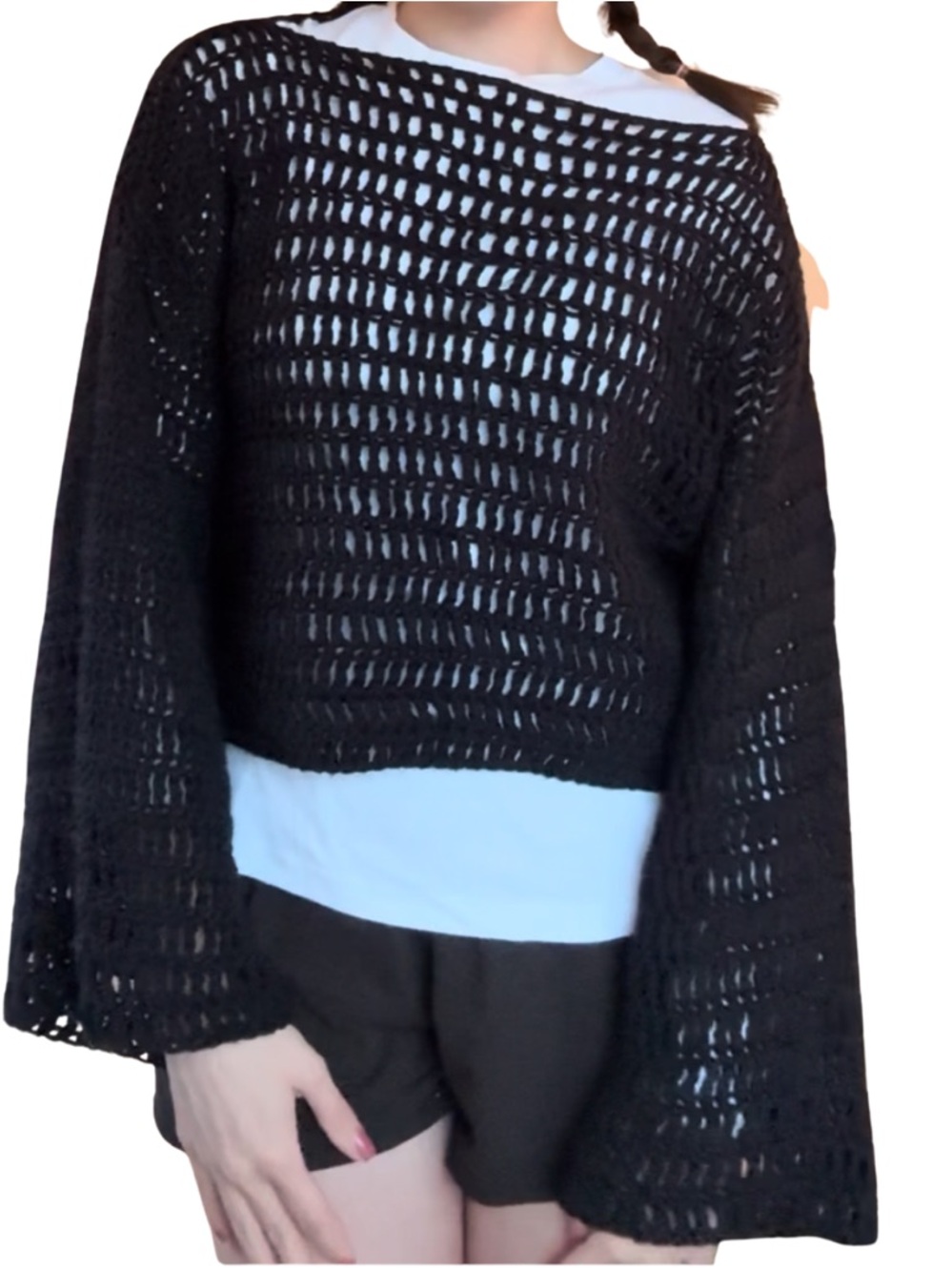 Black Open-Knit Bell Sleeve Sweater - Women
